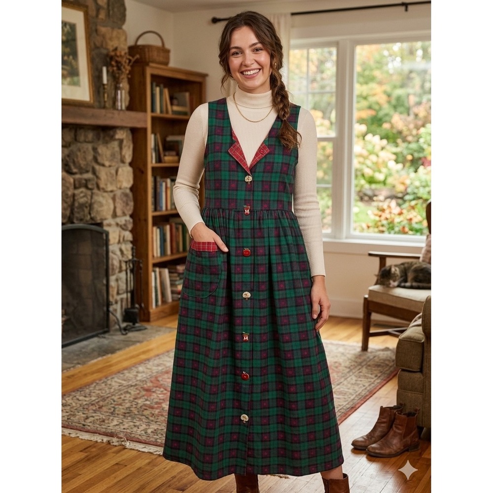 Dogwood Lane Green Plaid Apple Novelty Button Jumper Dress Cotton Vintage S